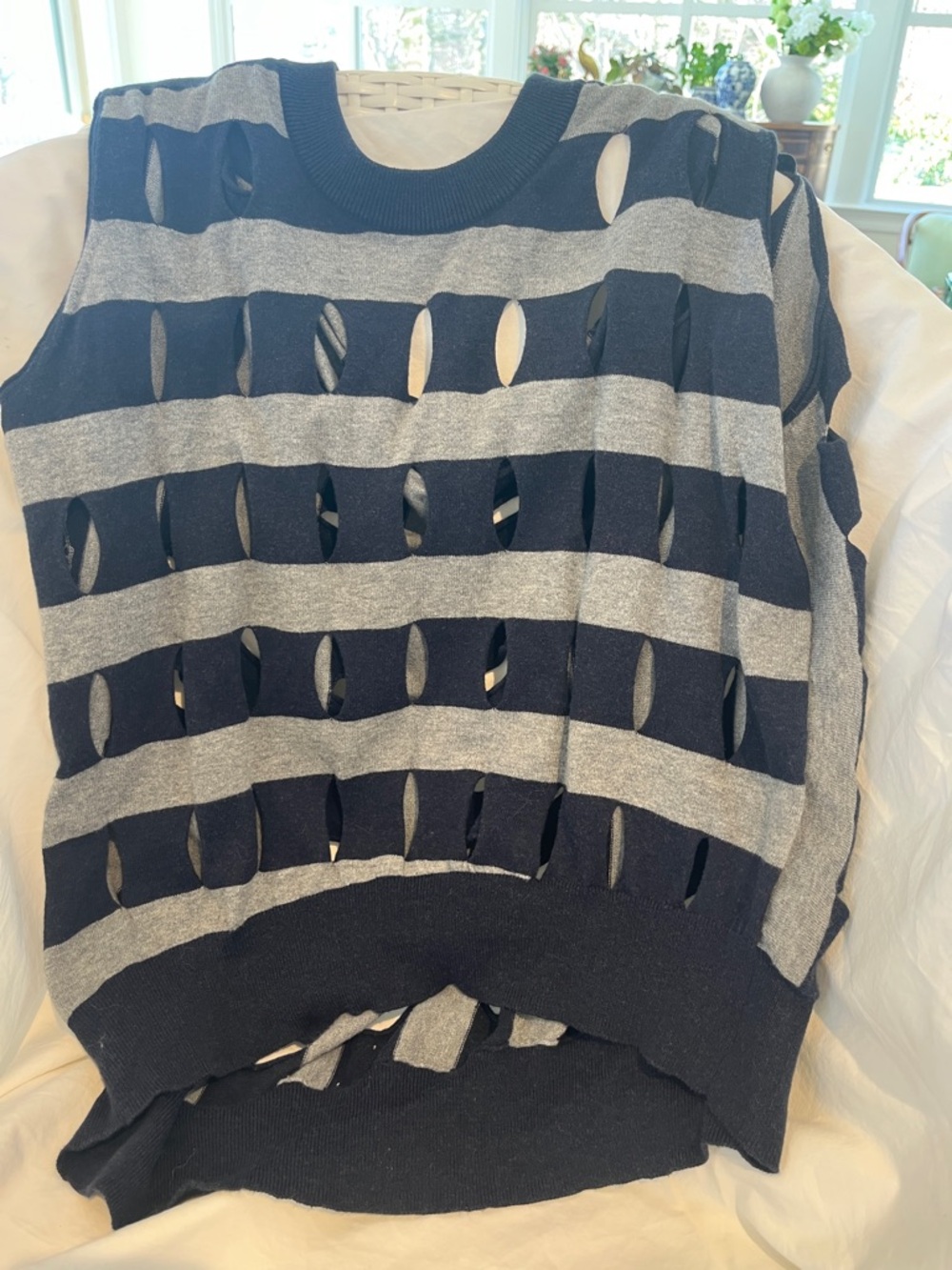Alexander Wang Navy and Gray Striped Cutout Knit Top